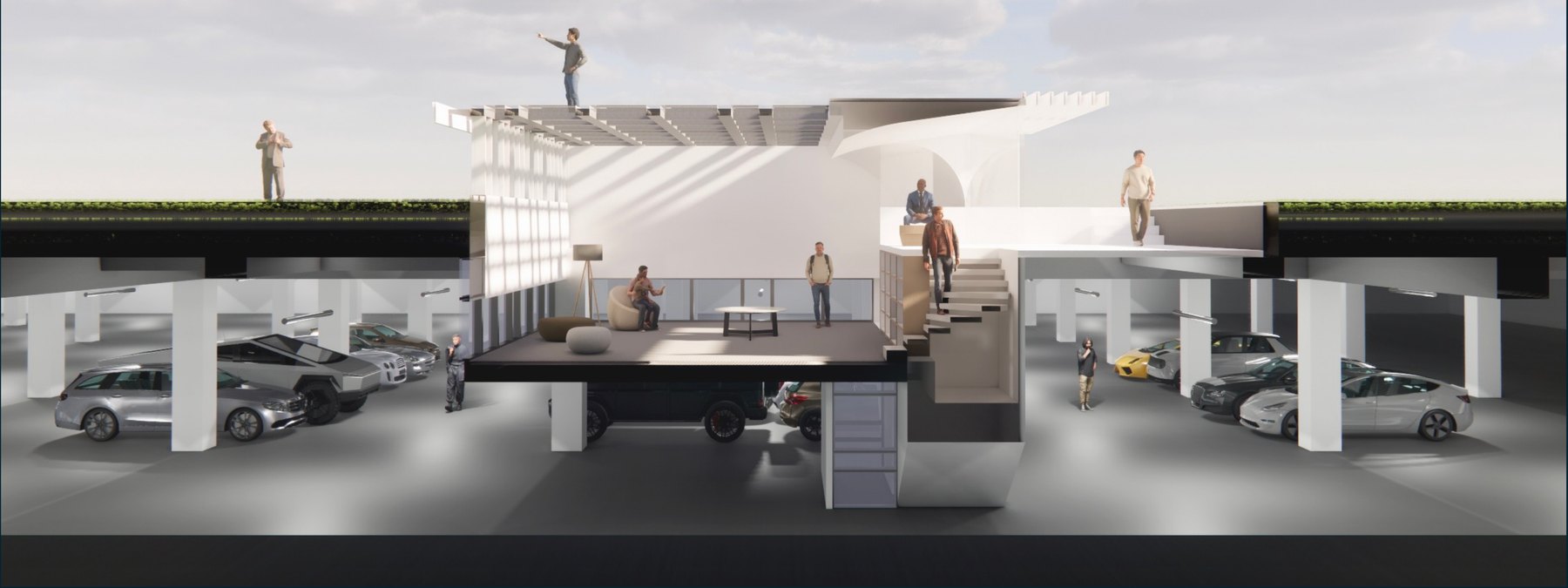 Light Cube sectional perspective — a raised reading room with louvred roof and reflectors, cut against sky above and an underground car park below